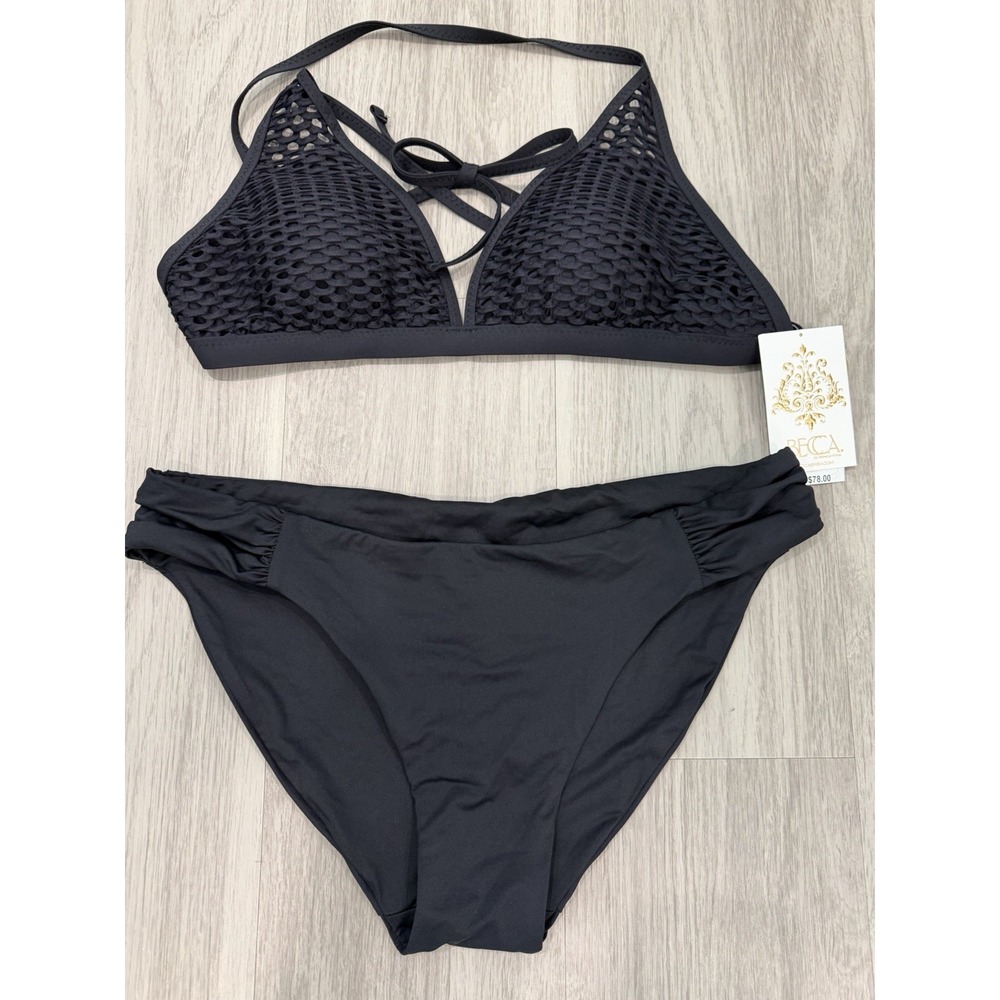 BECCA 2pc Black Solid Mesh Halter Cross Back Bikini Set Womens L/G D Cup
